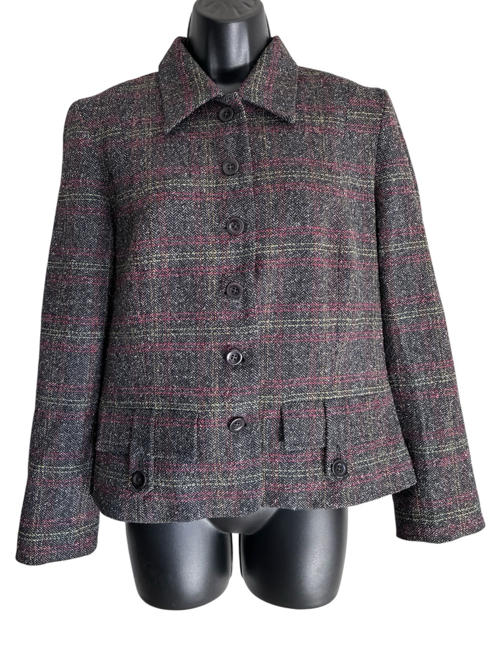 VTG 90s Grandpacore Office Wear Liz Claiborne Charcoal Plaid Blazer Sz 8
